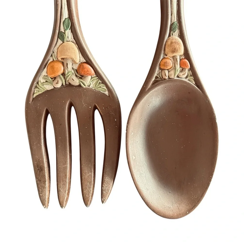 Vintage 1970’s Handcrafted Mushroom Design Fork and Spoon Set Wall Decor